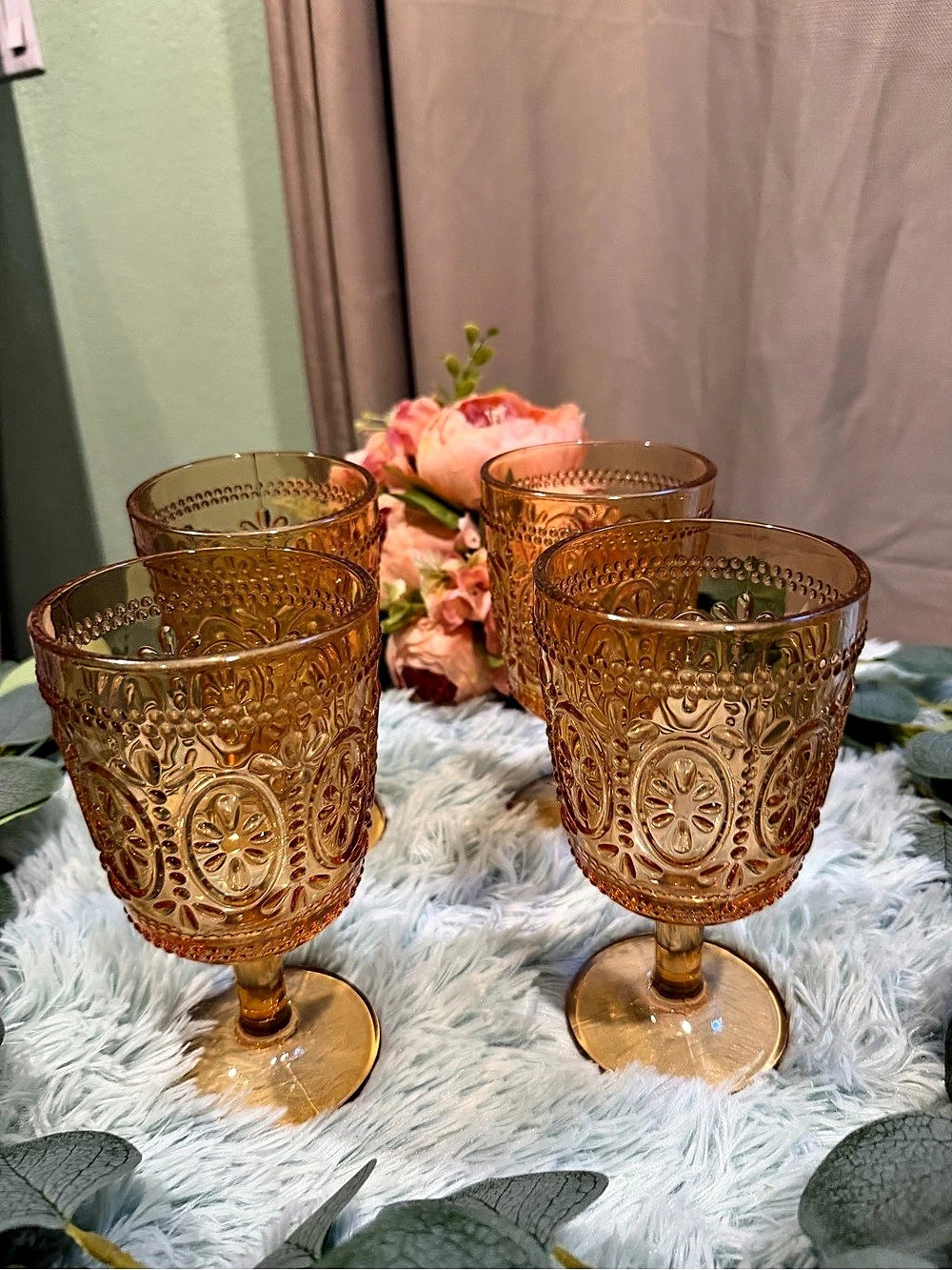 Amber Brown Embossed Goblet Set